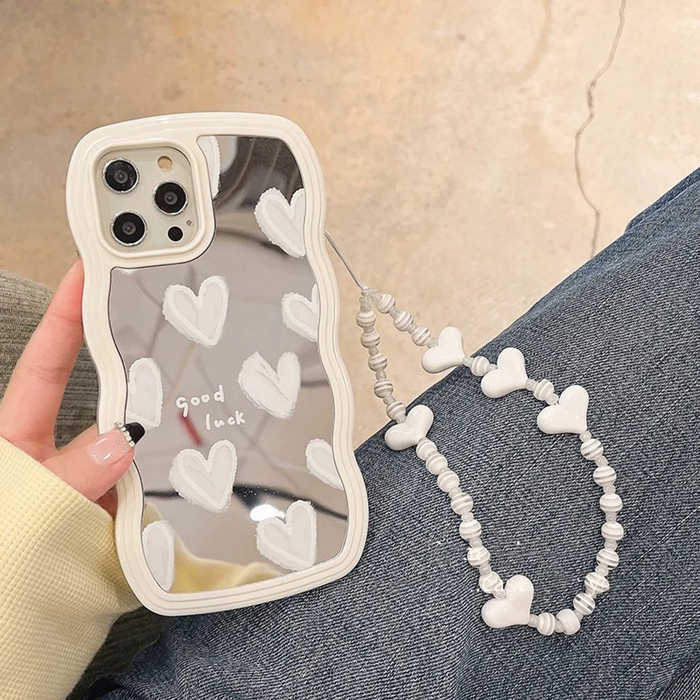 Wavy Frame Heart-Shaped Mirror Phone Case For IPhone 15 14 13 12 11 Pro Max X XR Girls Fashion Phone Case With Bracelet