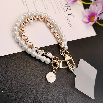 26cm Leather Pearl Camellia Mobile Phone Charm Bracelet Chain Anti-lost Universal Cell Phone Strap Rope Pendant Metal Key Chain