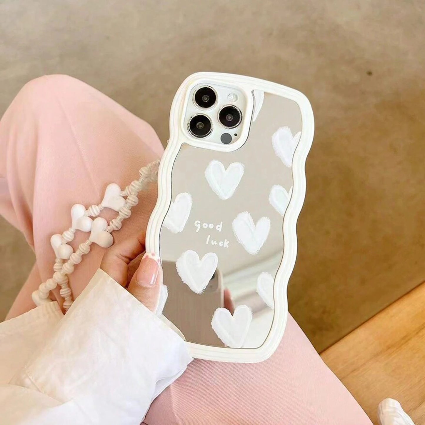 Wavy Frame Heart-Shaped Mirror Phone Case For IPhone 15 14 13 12 11 Pro Max X XR Girls Fashion Phone Case With Bracelet