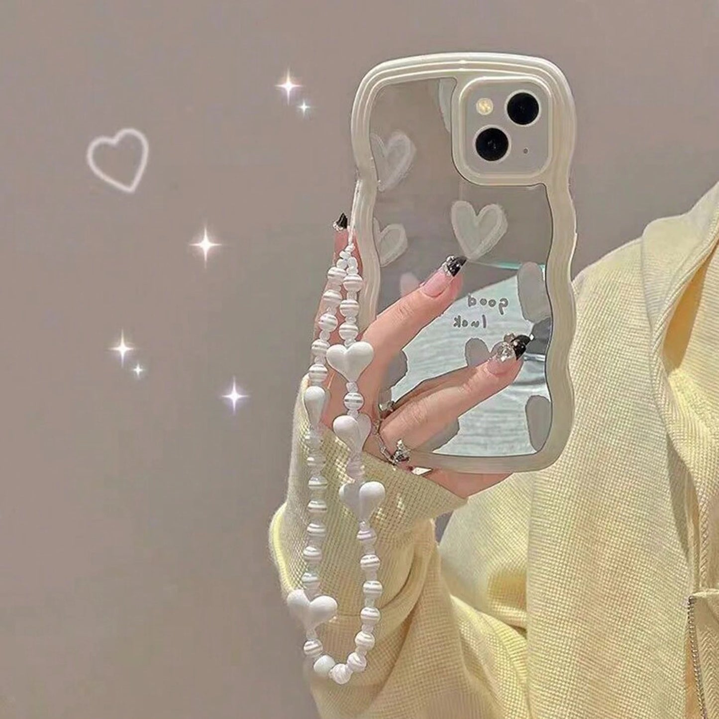 Wavy Frame Heart-Shaped Mirror Phone Case For IPhone 15 14 13 12 11 Pro Max X XR Girls Fashion Phone Case With Bracelet